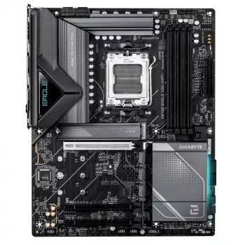 GIGABYTE X870E EAGLE X3D WIFI7 pagrindinė plokštė – palaiko AMD Ryzen 9000 CPU, 14+2+2 fazių skaitmeninį VRM, DDR5 iki 9000 MHz (OC), 1xPCIe 5.0 + 3xPCIe 4.0, Wi-Fi 7, 5GbE LAN, USB4