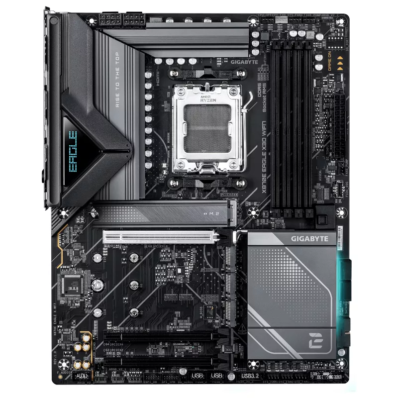 GIGABYTE X870E EAGLE X3D WIFI7 pagrindinė plokštė – palaiko AMD Ryzen 9000 CPU, 14+2+2 fazių skaitmeninį VRM, DDR5 iki 9000 MHz (OC), 1xPCIe 5.0 + 3xPCIe 4.0, Wi-Fi 7, 5GbE LAN, USB4