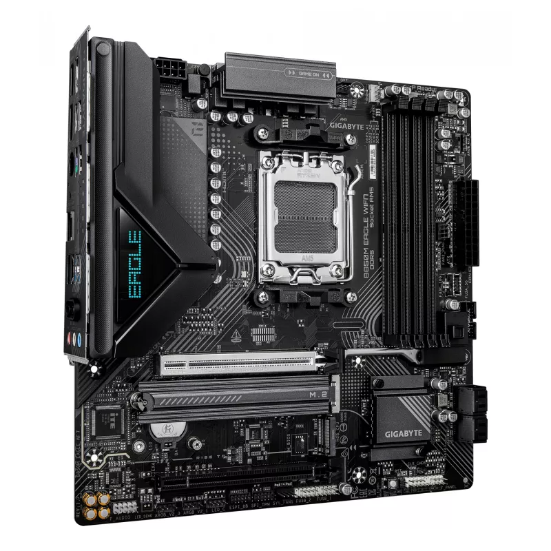 Motininė plokštė GIGABYTE B850M EAGLE WIFI7 — Micro ATX, lizdas AM5, AMD B850, DDR5 iki 8200 MHz (O.C.), 4 DIMM, PCIe 5.0, Wi‑Fi 7, 2.5 GbE