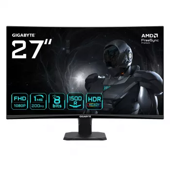 GIGABYTE GS27FCA 27 colių FHD lenktas žaidimų monitorius - 1920 x 1080, 200 Hz, 1 ms, 250 cd/m², FreeSync Premium, HDR Ready, HDMI 2.0, DisplayPort 1.4