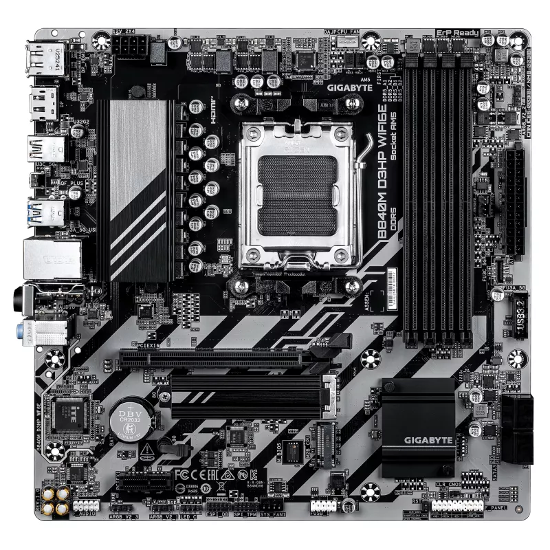 GIGABYTE B840M D3HP WIFI6E Micro ATX pagrindinė plokštė – AMD lizdas AM5, B840, 4x DDR5 iki 8200MHz OC, 2x PCIe 4.0 M.2, Wi‑Fi 6E, 1GbE