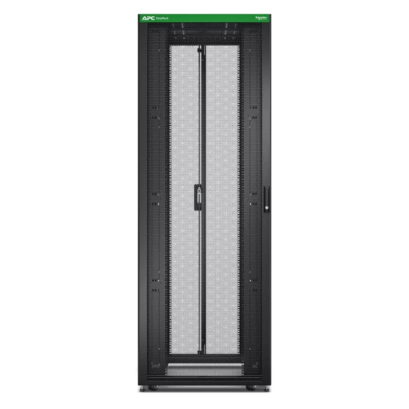 Laisvai pastatomas serverinis stovas APC Easy Rack 48U (juodas) su stogu, ratukais, kojelėmis, 4 PDU kronšteinais, šoninėmis plokštėmis — 2258 x 800 x 1200 mm