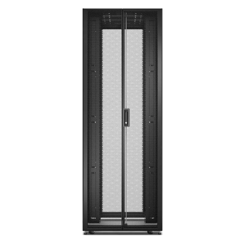 Laisvai pastatomas serverinis stovas APC Easy Rack 48U (juodas) su stogu, ratukais, kojelėmis, 4 PDU kronšteinais, šoninėmis plokštėmis — 2258 x 800 x 1200 mm