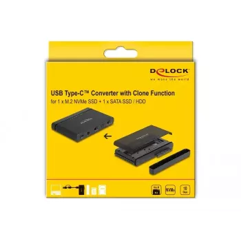 DeLOCK USB Type-C keitiklis M.2 NVMe SSD ir SATA SSD/HDD su klonavimo funkcija