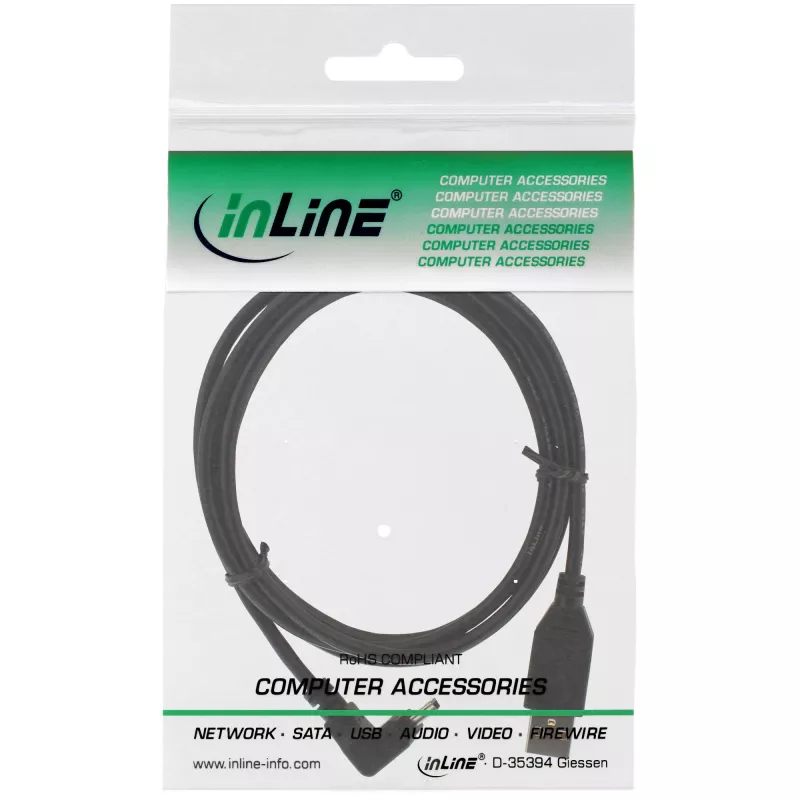 USB 2.0 kabelis InLine 0,3 m — USB A kištukas į Mini-USB B kištuką, 90° kampu į viršų, juodas