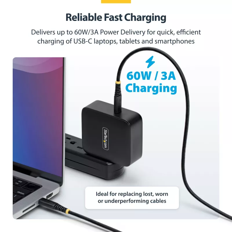 StarTech.com 15 cm USB-C įkrovimo laidas, 60W (3A) PD, dviejų sluoksnių pintas nailono/TPE apvalkalas, patvarus USB-C įkrovimo laidas, USB 2.0 nešiojamojo kompiuterio įkrovimo laidas