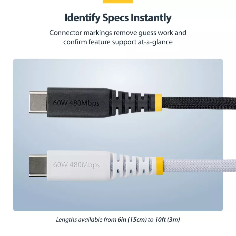 StarTech.com 15 cm USB-C įkrovimo laidas, 60W (3A) PD, dviejų sluoksnių pintas nailono/TPE apvalkalas, patvarus USB-C įkrovimo laidas, USB 2.0 nešiojamojo kompiuterio įkrovimo laidas