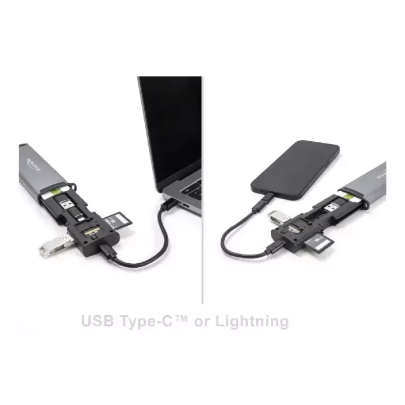 Kortelių skaitytuvas DELOCK USB 5 Gbps su SD ir MicroSD lizdais, USB 3.2 Gen 1 Type-A/Type-C, kabeliai ir adapteriai, juoda/pilka