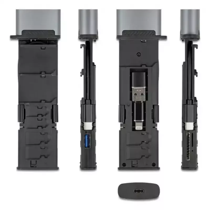 Kortelių skaitytuvas DELOCK USB 5 Gbps su SD ir MicroSD lizdais, USB 3.2 Gen 1 Type-A/Type-C, kabeliai ir adapteriai, juoda/pilka
