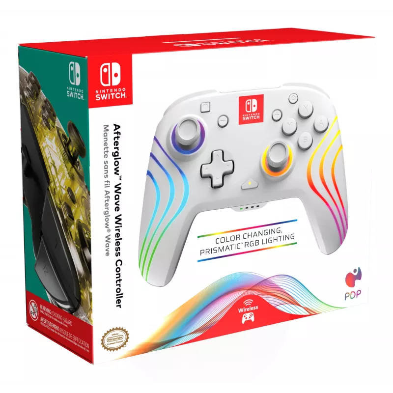 PDP Afterglow Wave White belaidis valdiklis su RGB apšvietimu, skirtas Nintendo Switch ir Nintendo Switch OLED