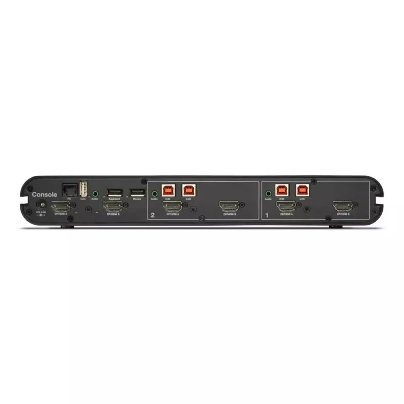 KVM jungiklis Belkin Universal 2nd Gen — 2 prievadų, saugus, HDMI/DisplayPort, 4K@60Hz, USB klaviatūra/pelė, juodas, montavimui į stelažą