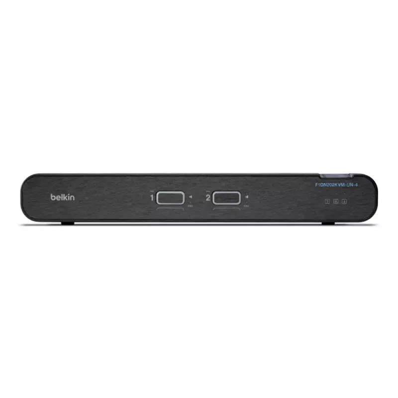 KVM jungiklis Belkin Universal 2nd Gen — 2 prievadų, saugus, HDMI/DisplayPort, 4K@60Hz, USB klaviatūra/pelė, juodas, montavimui į stelažą