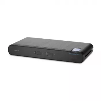 KVM jungiklis Belkin Universal 2nd Gen — 2 prievadų, saugus, HDMI/DisplayPort, 4K@60Hz, USB klaviatūra/pelė, juodas, montavimui į stelažą