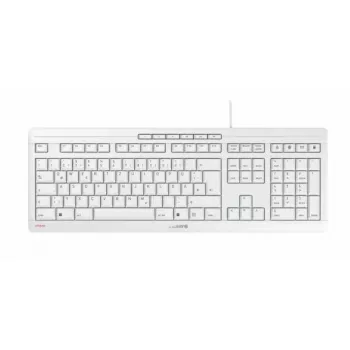 Cherry Stream pilno dydžio laidinė klaviatūra – QWERTZ išdėstymas, žirkliniai jungikliai, USB, 1,8 m laidas, šviesiai pilka