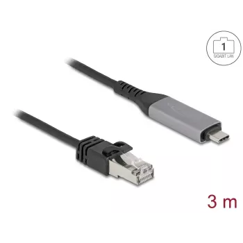 Tinklo kabelis DELOCK USB Type-C į RJ45 Gigabit Ethernet Cat6, 3 m, antracitas/juoda