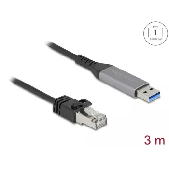 Tinklo kabelis DELOCK USB Type-A – RJ45 Gigabit Ethernet Cat6, 3 m, antracitas/juoda