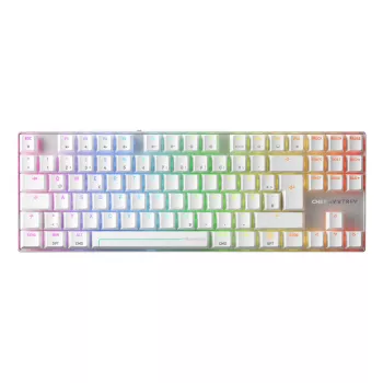 Belaidė žaidimų klaviatūra CHERRY MX 8.2 Pro TMR — Tenkeyless, QWERTZ vokiška, USB + RF + Bluetooth, RGB, sidabrinė/balta