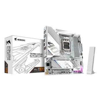 GIGABYTE pagrindinė plokštė X870M AORUS ELITE WIFI7 ICE — Micro ATX, AMD X870, Socket AM5, DDR5 iki 8200 Hz (O.C), 14+2+2 VRM, PCIe 5.0, Wi‑Fi 7, 2.5 GbE, USB4