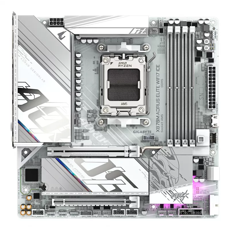 GIGABYTE pagrindinė plokštė X870M AORUS ELITE WIFI7 ICE — Micro ATX, AMD X870, Socket AM5, DDR5 iki 8200 Hz (O.C), 14+2+2 VRM, PCIe 5.0, Wi‑Fi 7, 2.5 GbE, USB4