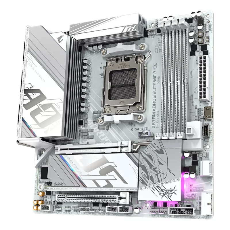 GIGABYTE pagrindinė plokštė X870M AORUS ELITE WIFI7 ICE — Micro ATX, AMD X870, Socket AM5, DDR5 iki 8200 Hz (O.C), 14+2+2 VRM, PCIe 5.0, Wi‑Fi 7, 2.5 GbE, USB4
