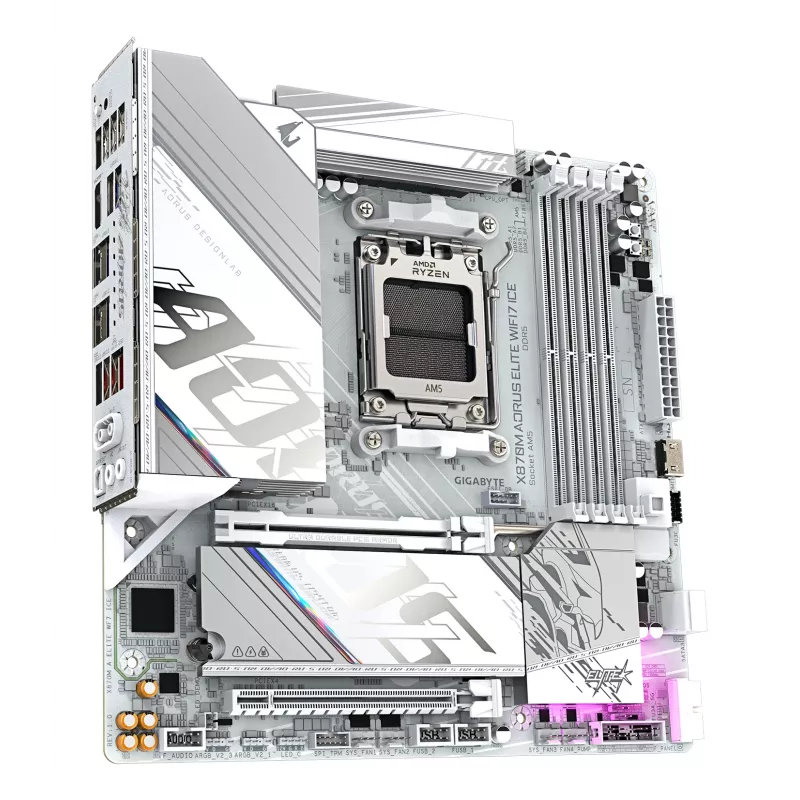 GIGABYTE pagrindinė plokštė X870M AORUS ELITE WIFI7 ICE — Micro ATX, AMD X870, Socket AM5, DDR5 iki 8200 Hz (O.C), 14+2+2 VRM, PCIe 5.0, Wi‑Fi 7, 2.5 GbE, USB4
