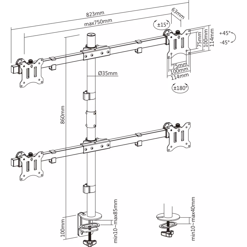 InLine stalinis laikiklis 4x TV / LED / TFT ekranams iki 81 cm 32 col. max. 9 kg