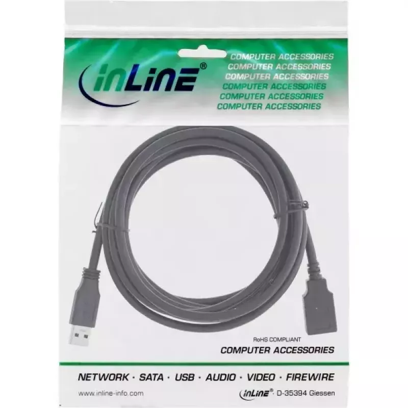 USB 3.2 Gen 1 (USB 3.0) ilginimo kabelis A kištukas–A lizdas, InLine, 2 m, juoda – pakuotė po 50 vnt.
