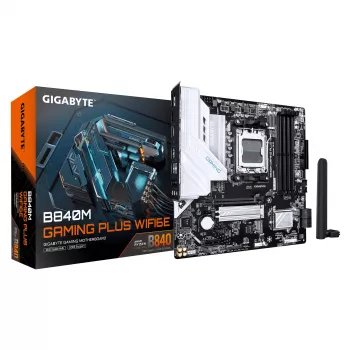 GIGABYTE B840M GAMING PLUS WIFI6E pagrindinė plokštė - AMD Ryzen 9000 procesoriams, 8+2+2 fazių VRM, iki 8200MHz DDR5(O.C), 2xPCIe 4.0 M.2, Wi-Fi 6E, 1GbE LAN, USB 3.2 Gen 2