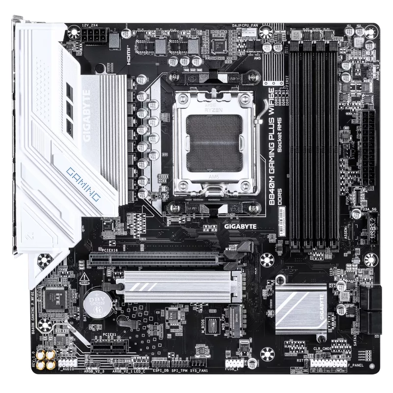 GIGABYTE B840M GAMING PLUS WIFI6E pagrindinė plokštė - AMD Ryzen 9000 procesoriams, 8+2+2 fazių VRM, iki 8200MHz DDR5(O.C), 2xPCIe 4.0 M.2, Wi-Fi 6E, 1GbE LAN, USB 3.2 Gen 2