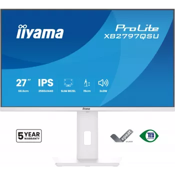 27 colių IIYAMA ProLite XB2797QSU-W1 IPS Quad HD (2560x1440) LED monitorius, 178° žiūrėjimo kampai, USB 3.2 stotelė, garsiakalbiai, VESA, aukščio reguliavimas, baltas