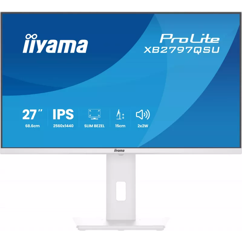 27 colių IIYAMA ProLite XB2797QSU-W1 IPS Quad HD (2560x1440) LED monitorius, 178° žiūrėjimo kampai, USB 3.2 stotelė, garsiakalbiai, VESA, aukščio reguliavimas, baltas