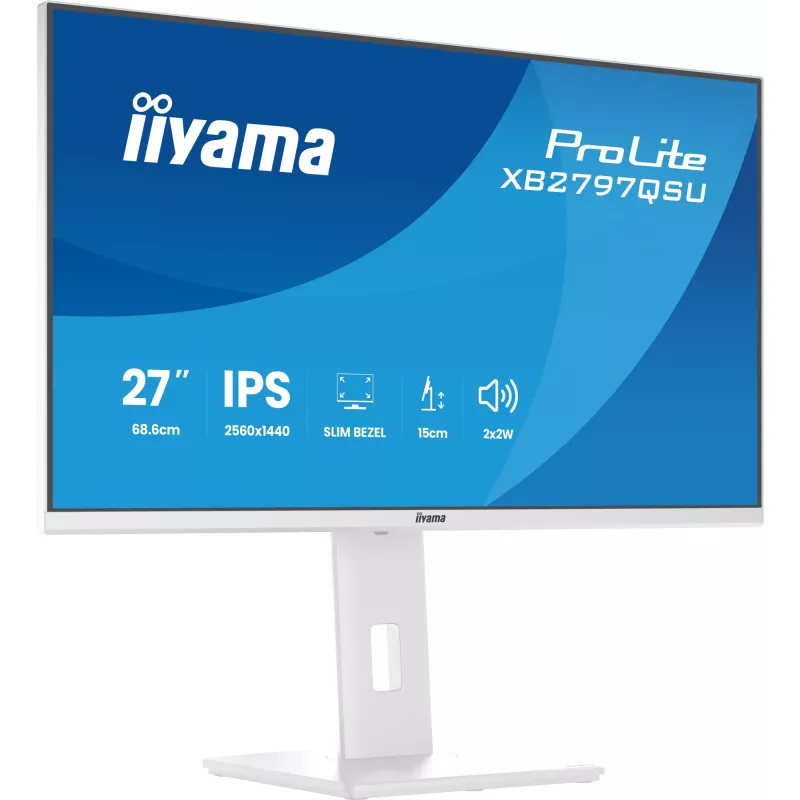 27 colių IIYAMA ProLite XB2797QSU-W1 IPS Quad HD (2560x1440) LED monitorius, 178° žiūrėjimo kampai, USB 3.2 stotelė, garsiakalbiai, VESA, aukščio reguliavimas, baltas