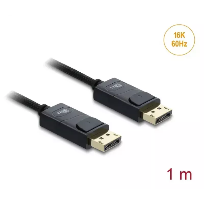 DELOCK Coaxial DisplayPort kabelis 16K 60 Hz 80 Gbps pintas apvalkalas 1 m, DisplayPort į DisplayPort, juodas