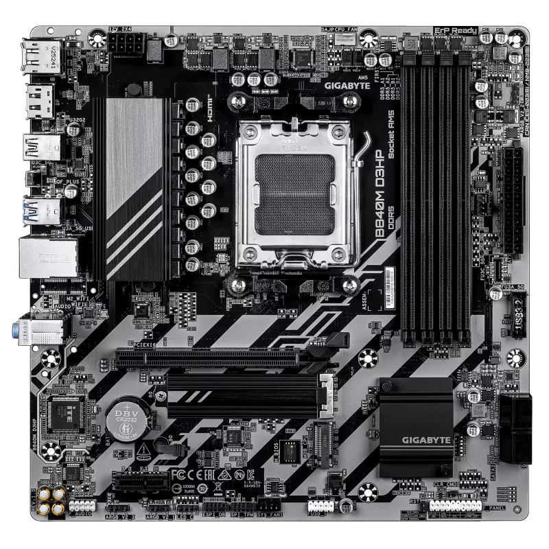 GIGABYTE B840M D3HP pagrindinė plokštė – AMD Ryzen 9000, 8+2+2 VRM, DDR5 8200MHz, 2xPCIe 4.0 M.2, 1GbE LAN, USB 3.2 Gen 2
