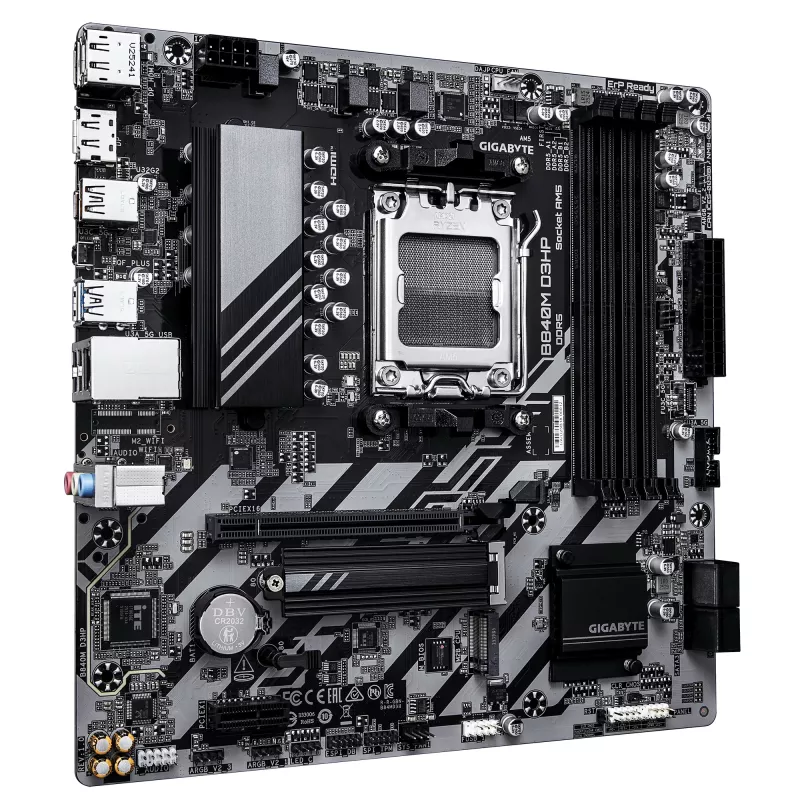 GIGABYTE B840M D3HP pagrindinė plokštė – AMD Ryzen 9000, 8+2+2 VRM, DDR5 8200MHz, 2xPCIe 4.0 M.2, 1GbE LAN, USB 3.2 Gen 2