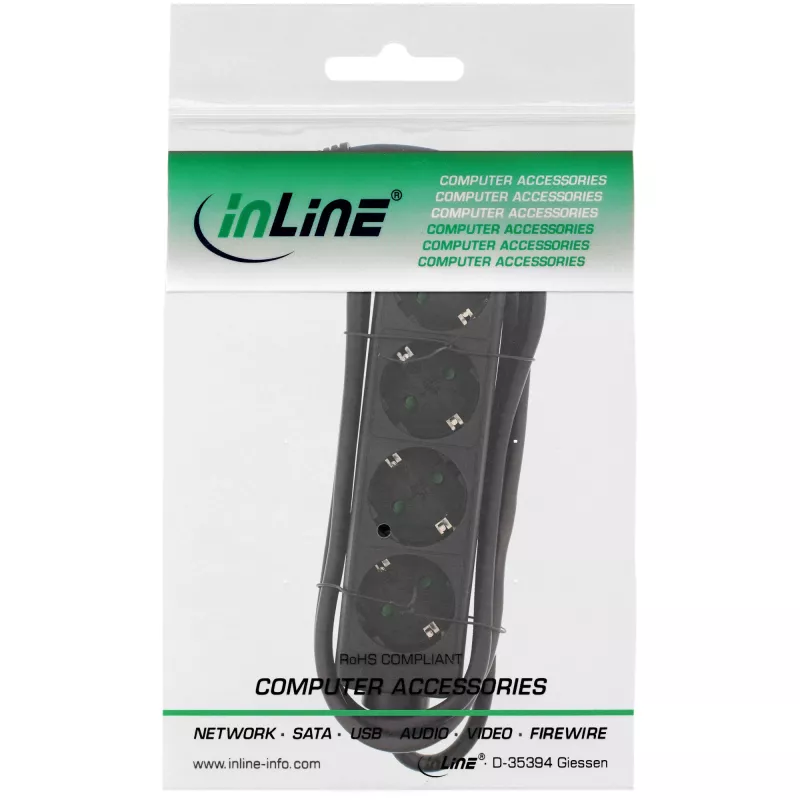 InLine 4-žiedinis kištukinis lizdas, 4 lizdai su įžeminimu CEE 7/3, juodas, 1,5 m