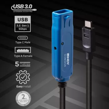 Lindy 5m USB 3.2 Gen 1 C/A Active Extension Pro aktyvus prailginimo kabelis, 5 m, USB C, USB A, USB 3.2 Gen 1 (3.1 Gen 1), juodas