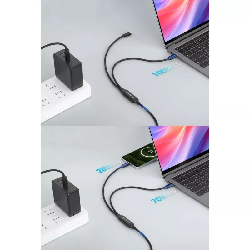 Manhattan Dual USB-C į USB-C įkrovimo laidas, 100W, 2m, vyriškas į du vyriškus, išmanusis galios daliklis