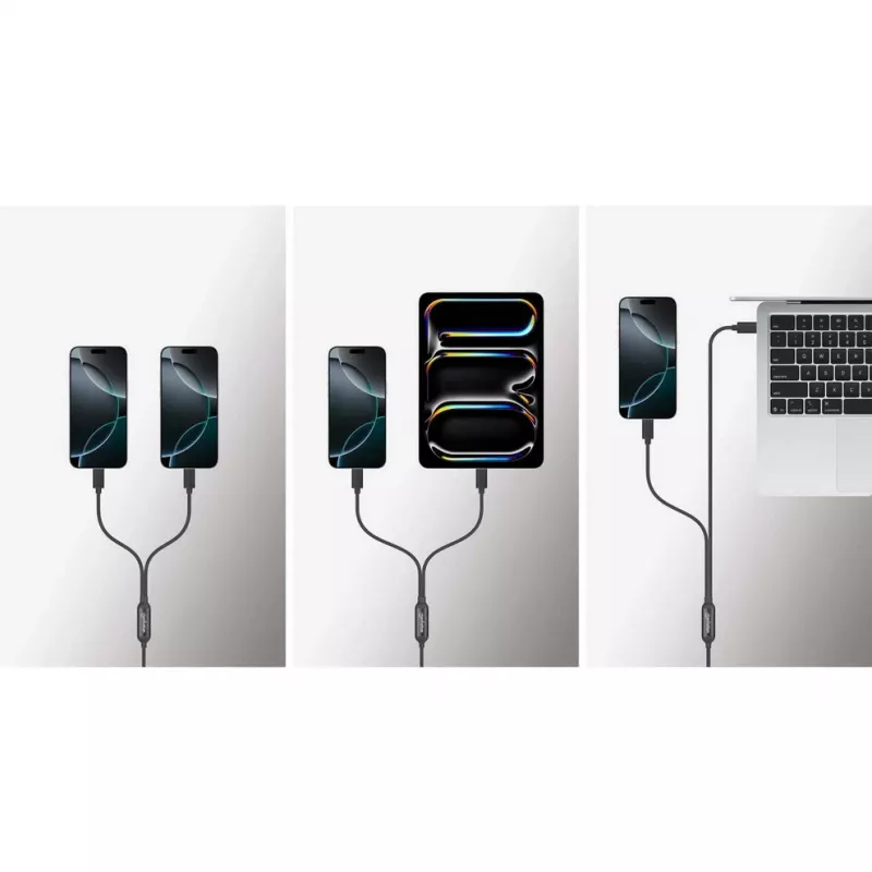 Manhattan Dual USB-C į USB-C įkrovimo laidas, 100W, 2m, vyriškas į du vyriškus, išmanusis galios daliklis