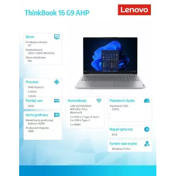 Nešiojamas kompiuteris Lenovo ThinkBook 16 G9 21UT0077PB Windows 11 Pro, 16,0 inch WQXGA, 16 GB RAM, 512 GB SSD, Arctic Grey