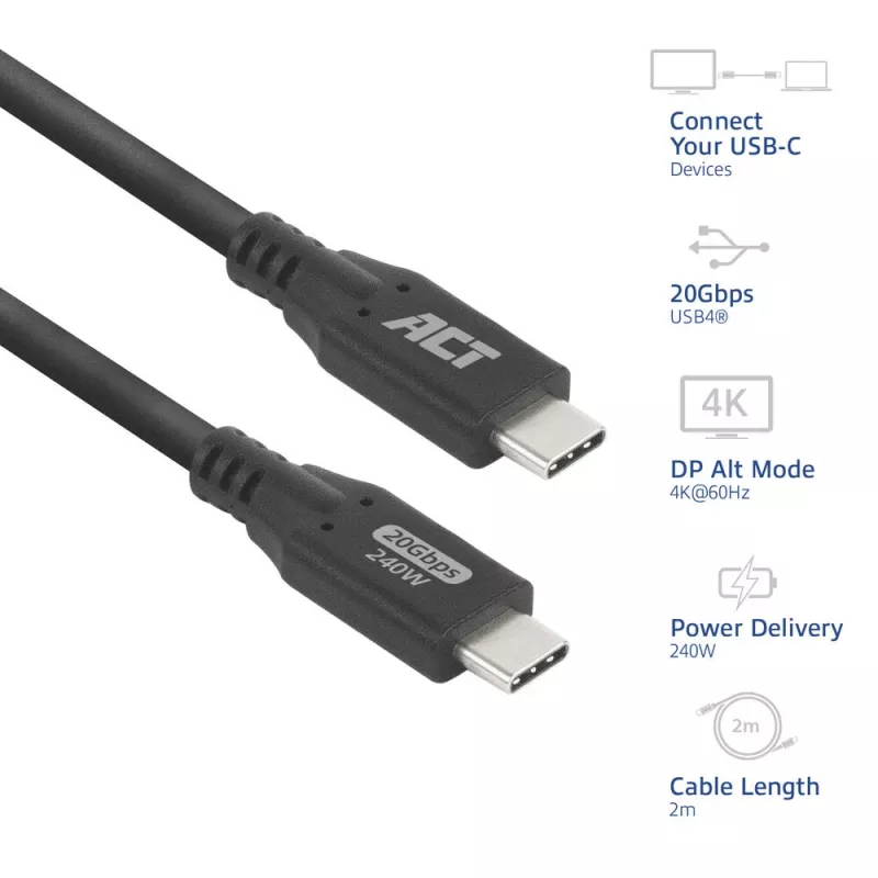 ACT USB4 20Gbps 240W USB Type-C laidas, 2 m