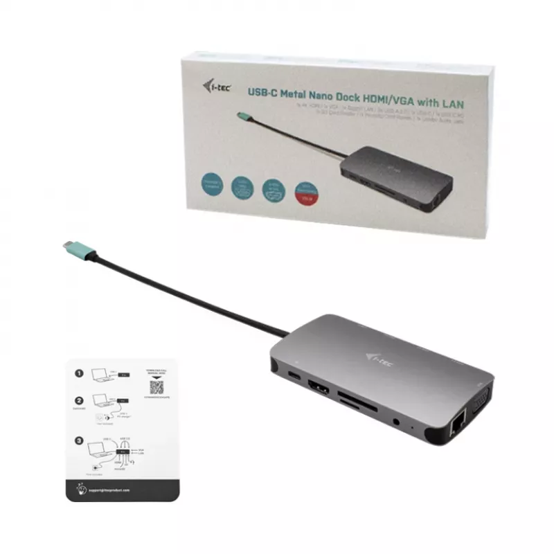 i-tec Metal USB-C Nano Dock HDMI/VGA su LAN ir Universal Charger 77 W rinkinys
