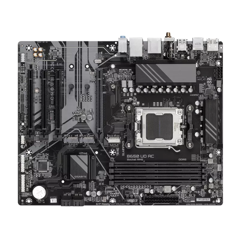 GIGABYTE B650 UD AC pagrindinė plokštė - AMD Ryzen 9000 serijos procesoriams, 6+2+2 fazių VRM, iki 8000MHz DDR5 (OC), 1xPCIe 5.0 + 2xPCIe 4.0 M.2, GbE LAN, WIFI 5, USB 3.2 Gen 2