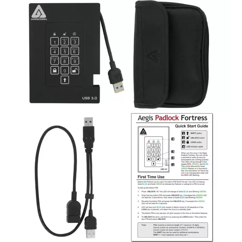 Išorinis SSD diskas Apricorn Aegis Padlock Fortress 256GB USB 3.2 Gen 1 juodas A25-3PL256-S256F
