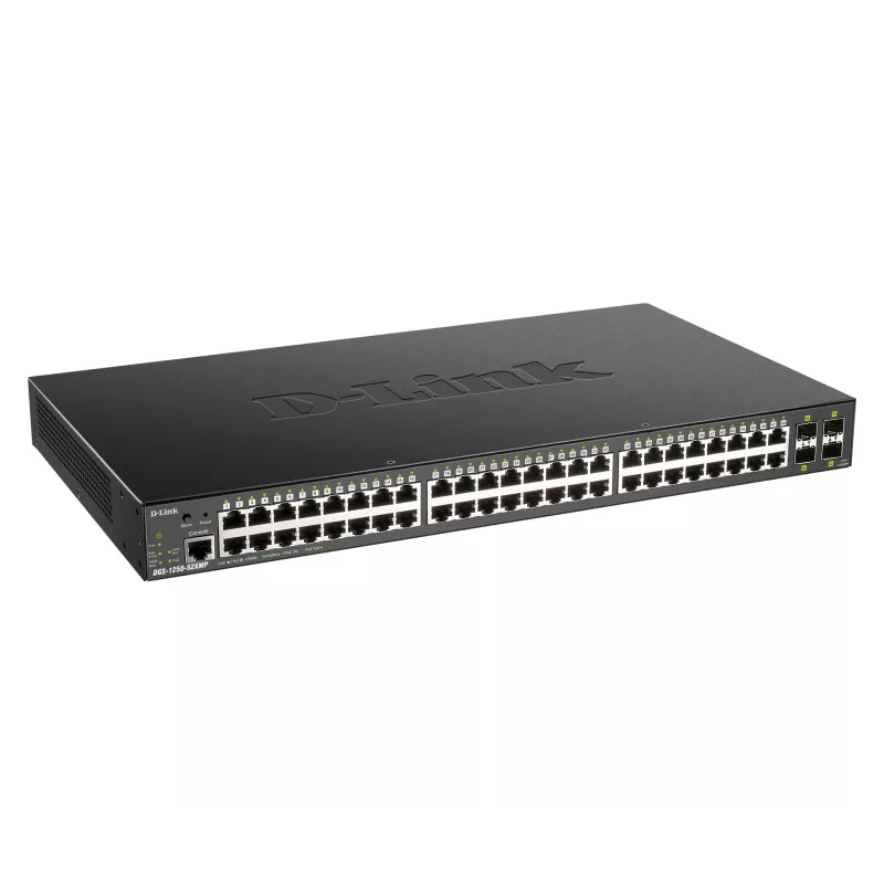 D-Link DGS-1250-48XMP 48 prievadų Gigabit valdomas jungiklis su 4 x 10G SFP+ ir 370W PoE