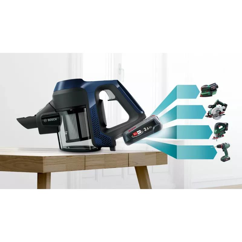 Bosch Serie 6 BBS611PCK 2-in-1 lazdelinis siurblys, belaidis, mėlynas, 2,5 Ah