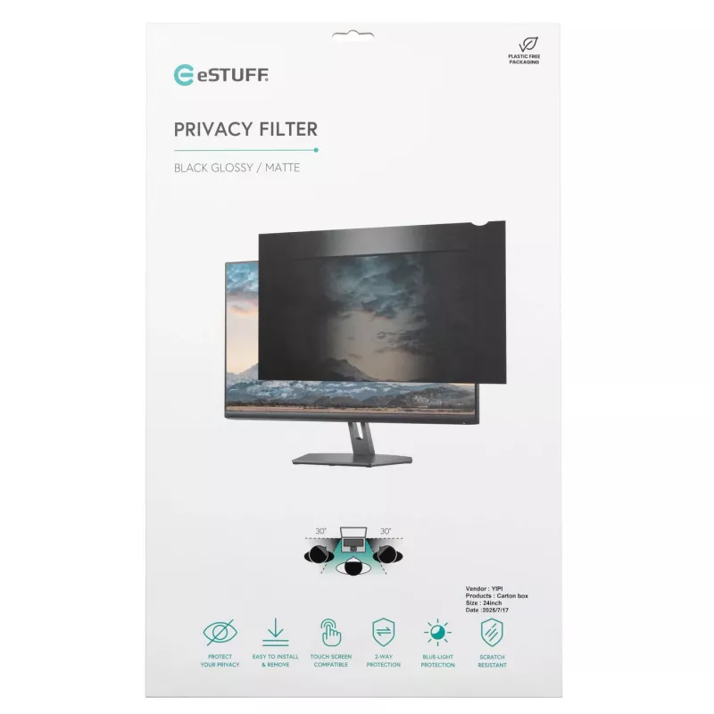 Privatumo filtras eSTUFF GLBB40948401 14,0 colių nešiojamojo kompiuterio ekranui, anti-glare, tvirtinamas