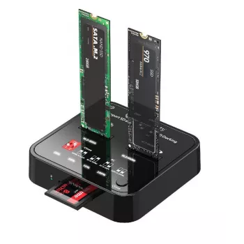 „CoreParts MS-CLONER-M2-SD“ M.2 dviejų lizdų dėklas su 1:1 klonavimo funkcija, juodas, USB Type-C