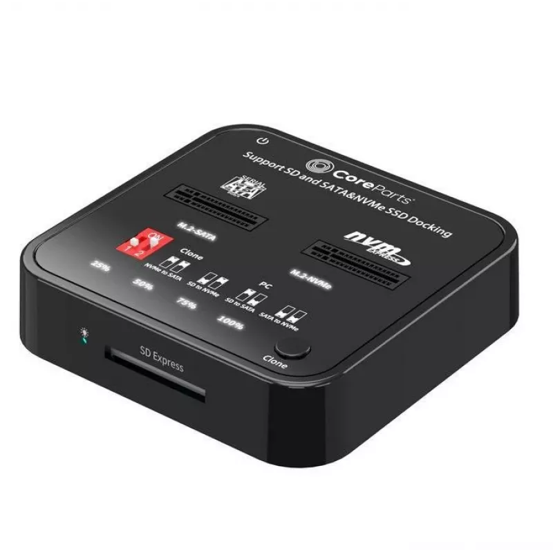 „CoreParts MS-CLONER-M2-SD“ M.2 dviejų lizdų dėklas su 1:1 klonavimo funkcija, juodas, USB Type-C