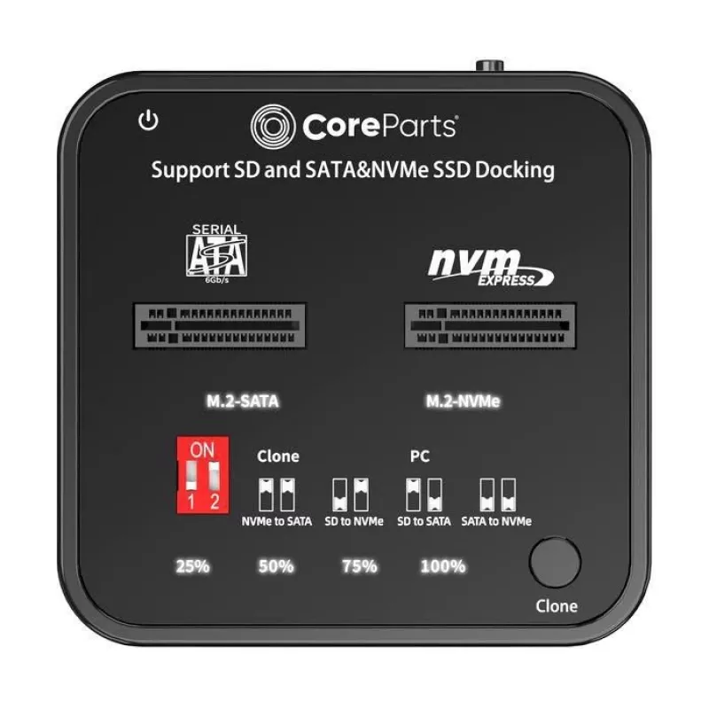 „CoreParts MS-CLONER-M2-SD“ M.2 dviejų lizdų dėklas su 1:1 klonavimo funkcija, juodas, USB Type-C